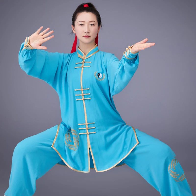 Goldener Drache bestickter Unisex-Kungfu-Anzug, chinesische Kampfkunstuniform mit Tai-Chi-Design, langärmeliges Übungskleidungsset – Detail 11