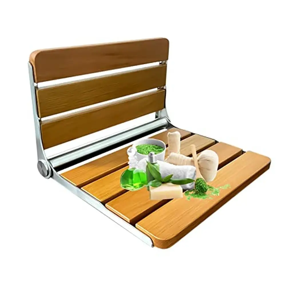 Teak Wood Wall Mounted Folding Shower Seat Non-Slip Moisture-Proof Compact Design 440lbs Capacity Ideal Bathroom Hotel Nursing 2