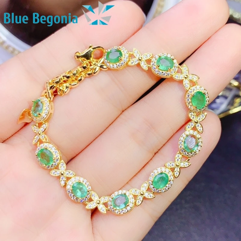 

925 Sterling Silver Natural Emerald Bracelet for Women Anniversary Gift Fine Jewelry 4*5MM Gemstone