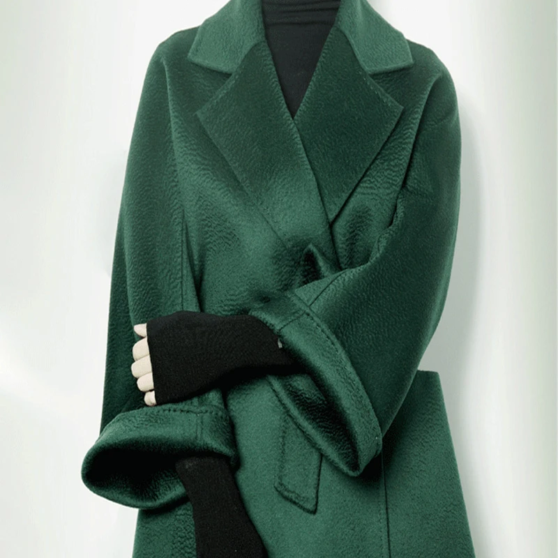 

2023 Autumn and Winter Jacket Water Ripple Double-sided Cashmere Coat Women Belt Collar Wool Blends Coat Women