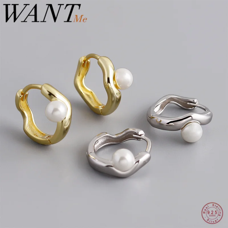 WANTME 여성용 합성 진주 허기 이어 후프 귀걸이, 트렌디 웨이브 스테이트먼트, 파티 쥬얼리, 프렌치 디자인,