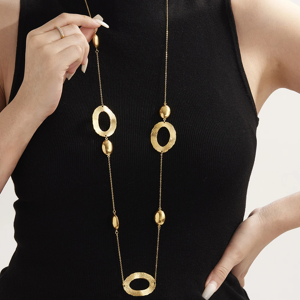 Lange Halskette aus vergoldetem 316-Edelstahl für Damen, 103 cm, goldene Kette, ovaler Anhänger, Schichtungsketten, Luxusschmuck – Detail 3