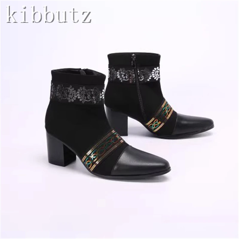 Pointed Toe Red Suede Leather Men's Ankle Boots 8cm High Heeled Printed Decor Zipper Boots Male Banquet Party Botas
