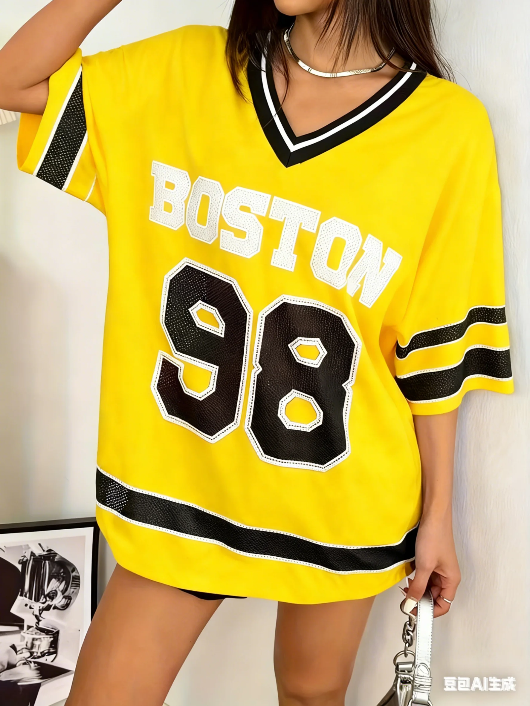 2026 Sommer Damen BOSTON NO.98 Print Leichtes, atmungsaktives, bequemes V-Ausschnitt Kurzarm Baseball T-Shirt Damen Jersey Tees