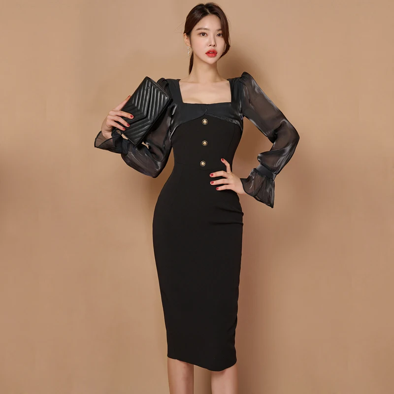 

Женское облегающее платье средней длины, элегантное весеннее платье с квадратным вырезом и расклешенными рукавами, модное платье с запахом на бедрах, Корейская версия