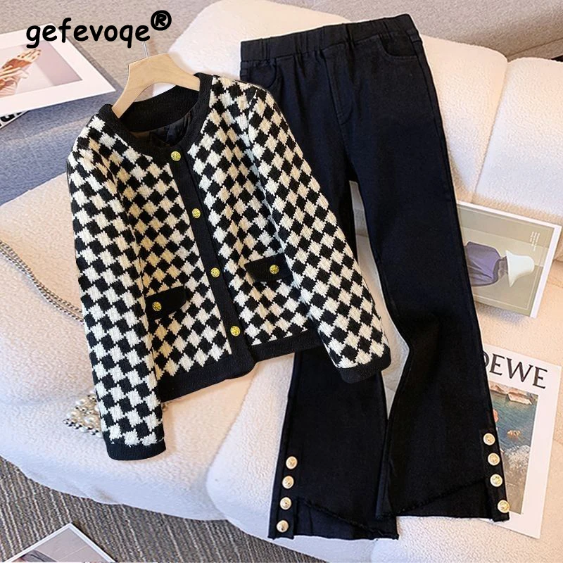 2 Piece Sets Women French Style Retro Plaid Elegant Chic Luxury Jackets O Neck Long Sleeve Coat High Waist Irregular Flare Pants vest coats for women cardigans y2k retro korean style clothes outerwear blazer jackets warm winter cotton coats vests tops