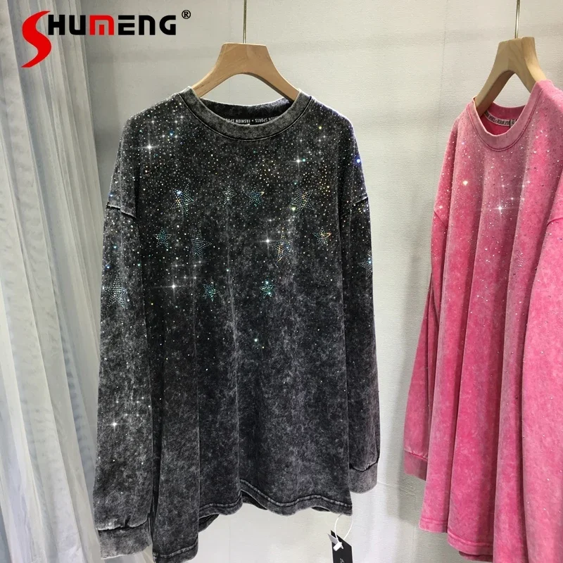 European Hot Drilling Sweatshirt New Autumn Women's Full Diamond Starry Sky Loose Mid-Length Long Sleeve Pullover Top Hoodies