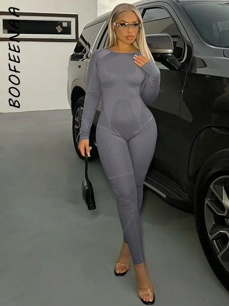 

BOOFEENAA Women One Piece Jumpsuit Baddie Fall Winter Outfits Gray Print Long Sleeve Bodycon Jumpsuits Athletic Clothes C70-CG29