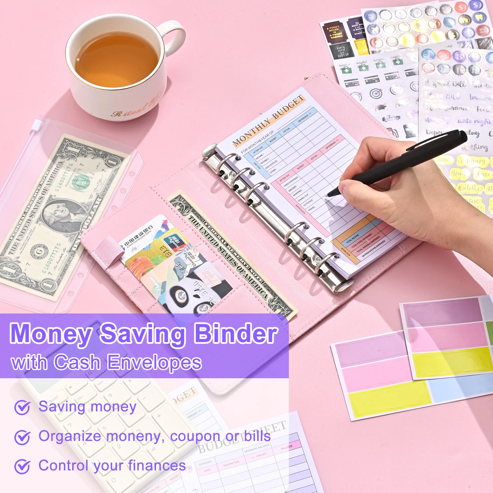 A6 Budget Binder Planner With Monthly Schedule Envelopes Colorful PU Leather Notebook Binder With 8 PCS A6 Binder Pockets 5