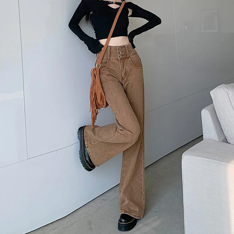 Brown Flare Jeans for Women Casual Y2K Streetwear High Waist Denim Pants Ulzzang All Match Girls Vintage Trousers Bell Bottom
