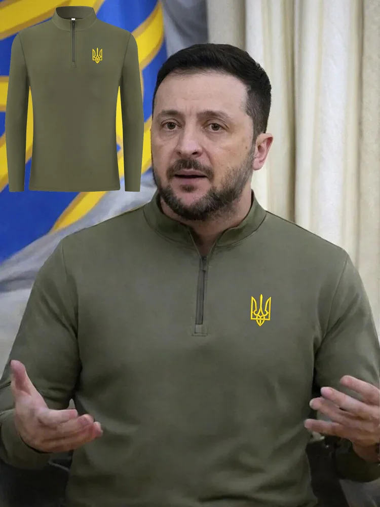 Embroidery Ukraine trident Symbol Spetsnaz Special force Zelenskiy HALF ZIP COAT long Sweatshirt