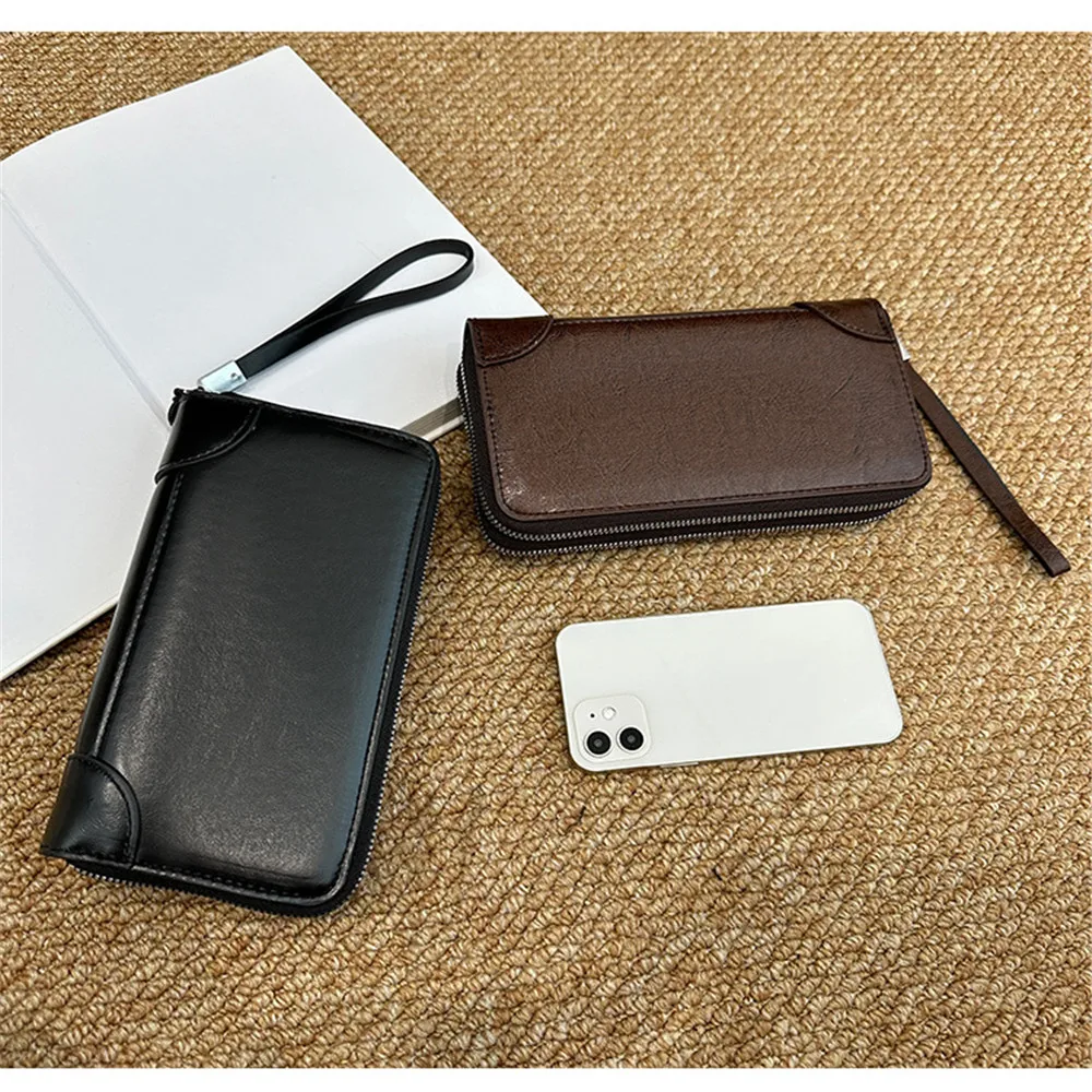 Oil Wax Leather Large Clutch Handbag Leather Zipper Around Wallets Wristlet Card Business Phone Wallet Case For Men