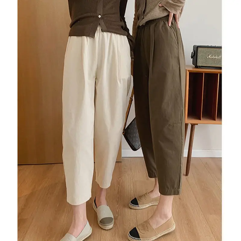 

2023 New Arrival Spring Summer Korean Style Women Vintage Cotton Ankle-length Pants Casual Loose Elastic Waist Harem Pants P600