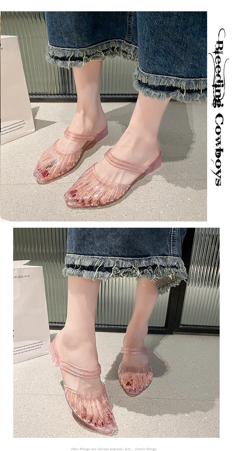 Women'S 2 In 1 Transparent Crystal Plastic Jelly Sandals Non Slip Glitter Pointed Toe Summer Casual Outdoor Beach Flat Slippers