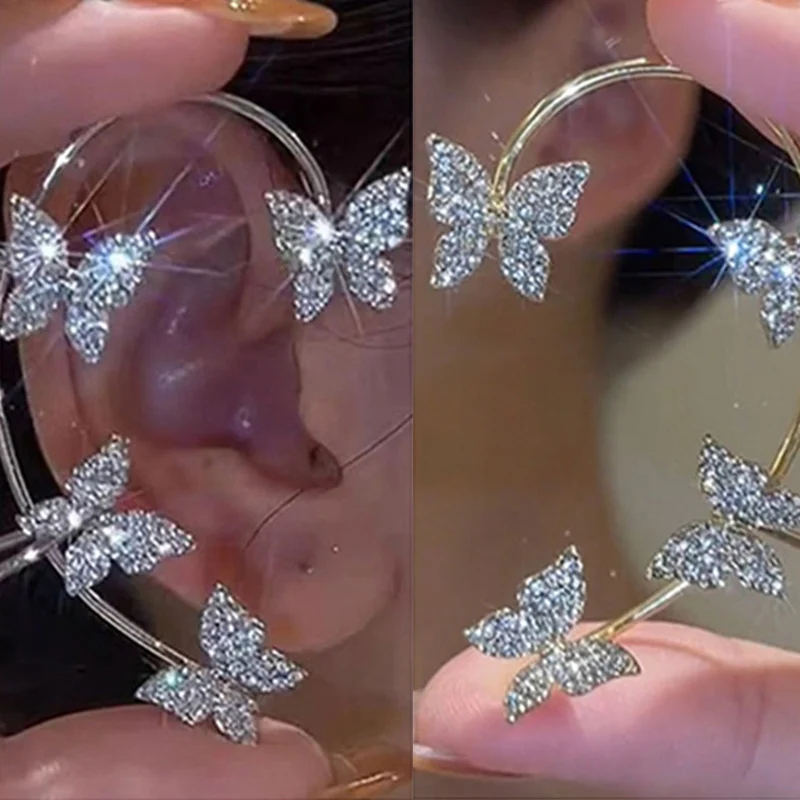 

1PCS Korean Sparkling Zircon Ear Cuff Clip Earrings Silver Color Metal Butterfly Ear Clip Without Piercing Wedding Party Jewelry