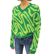 

Spring Fall Women Casual Loose Sweater Adults Color Block Long Sleeve V-neck Knitwear Pullover Green/ Brown/ Blue