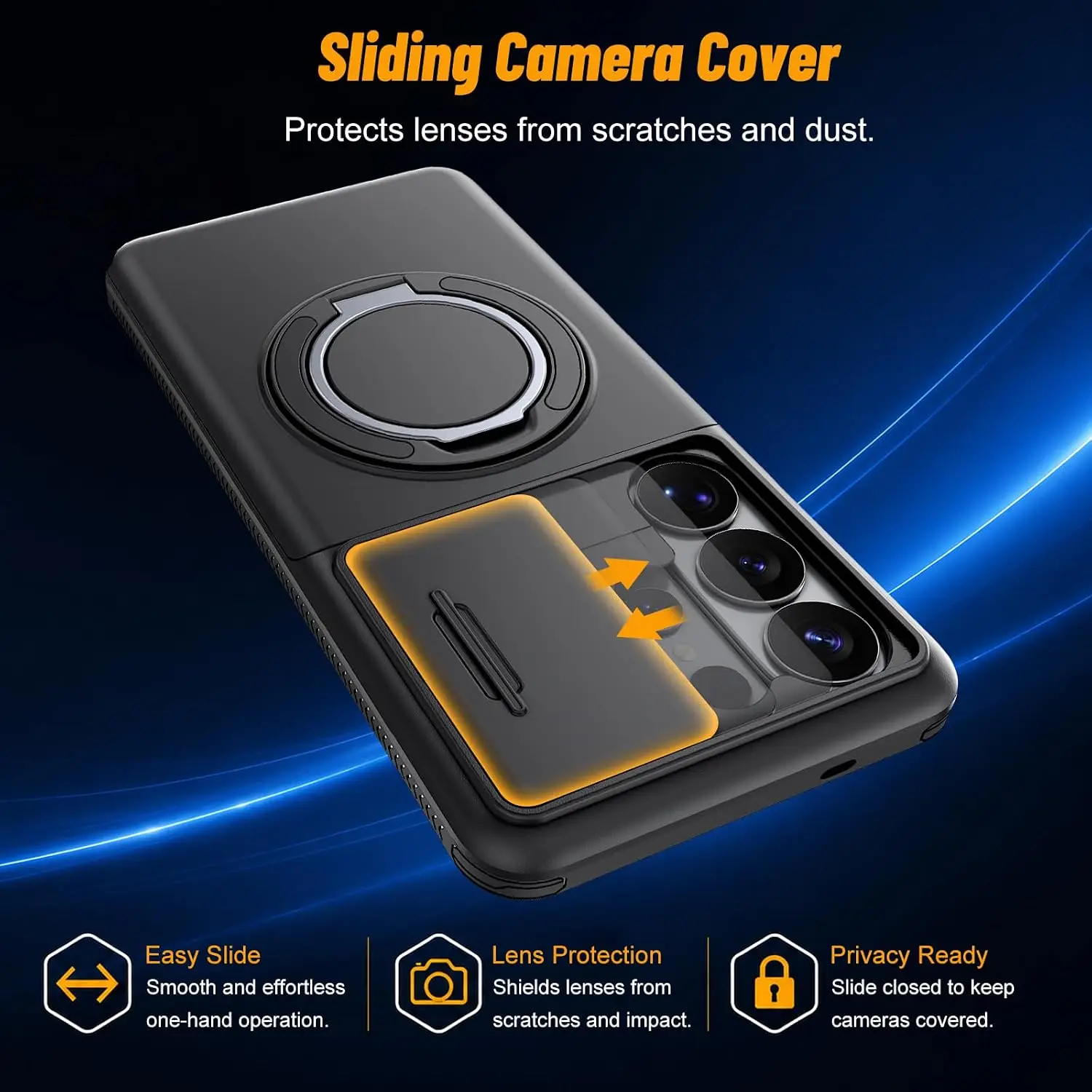 Enhanced Shockproof Protective Case with Slide Camera Cover, Rotating Ring Kickstand, and Card Holder