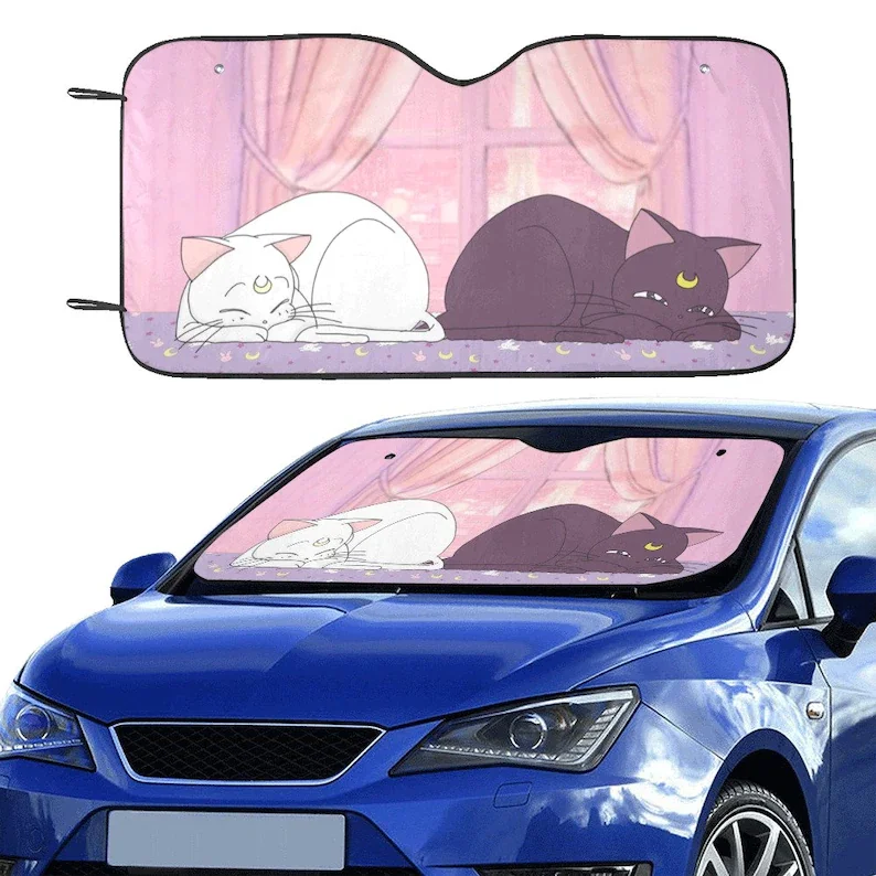 

Sleepy Cats Luna and Artemis Car Windshield Sunshade, Cute Retro Japanese Anime carshade sun blocker Pink interior car decor car