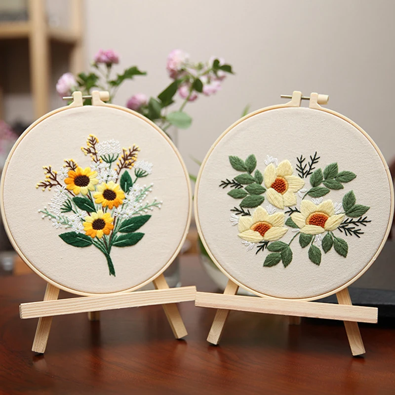 Easy Flower DIY Embroidery Kit Printed Pattern Cross Stitch Set for Beginner Needlework Hoop Handmade Sewing Art Craft Gift
