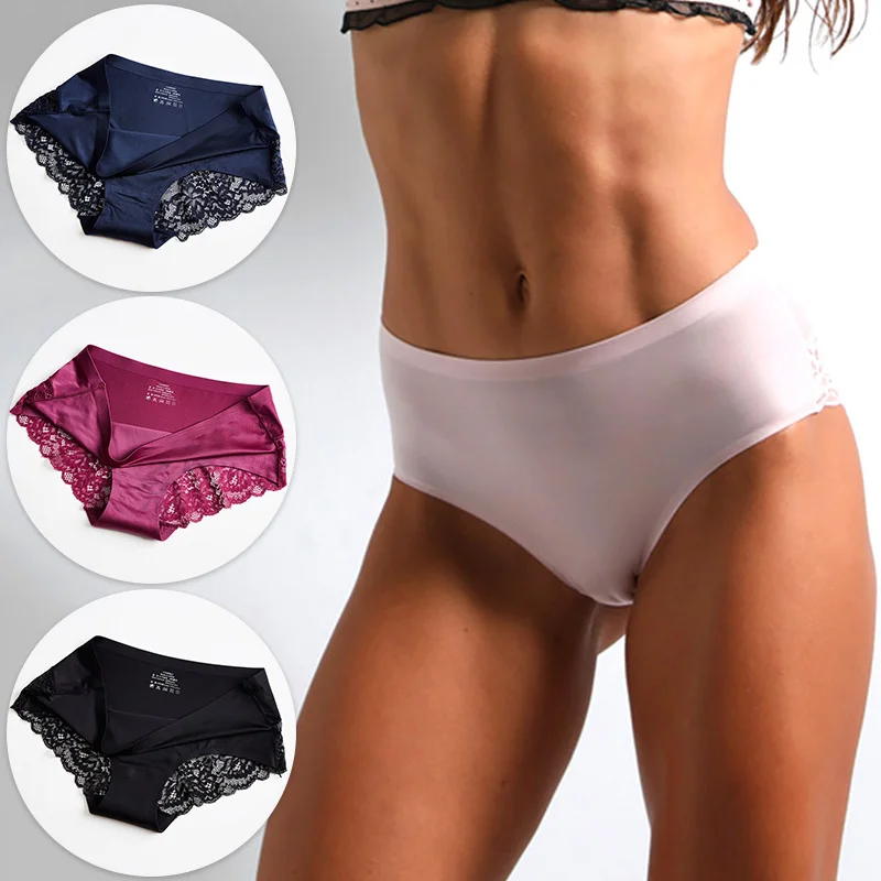 

1pc Women Lace Breathable Ice Silk Panties Solid Color Underpants Traceless Lingerie Cotton Crotch Antibacterial Triangle Briefs