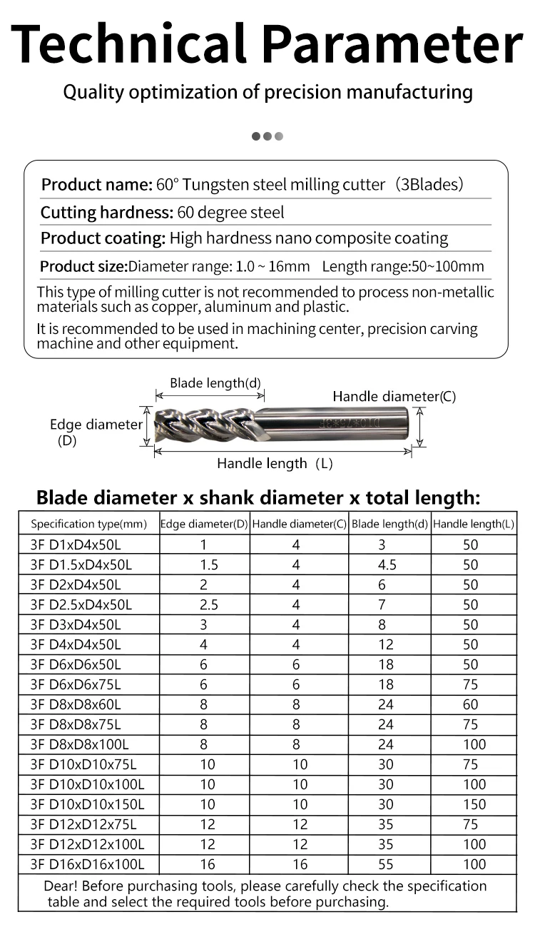 3-schneidiger Schaftfräser aus Wolframstahl | 1–12 mm CNC-Fräser | Hartmetallbeschichtetes Aluminium HRC60 – Detail 8