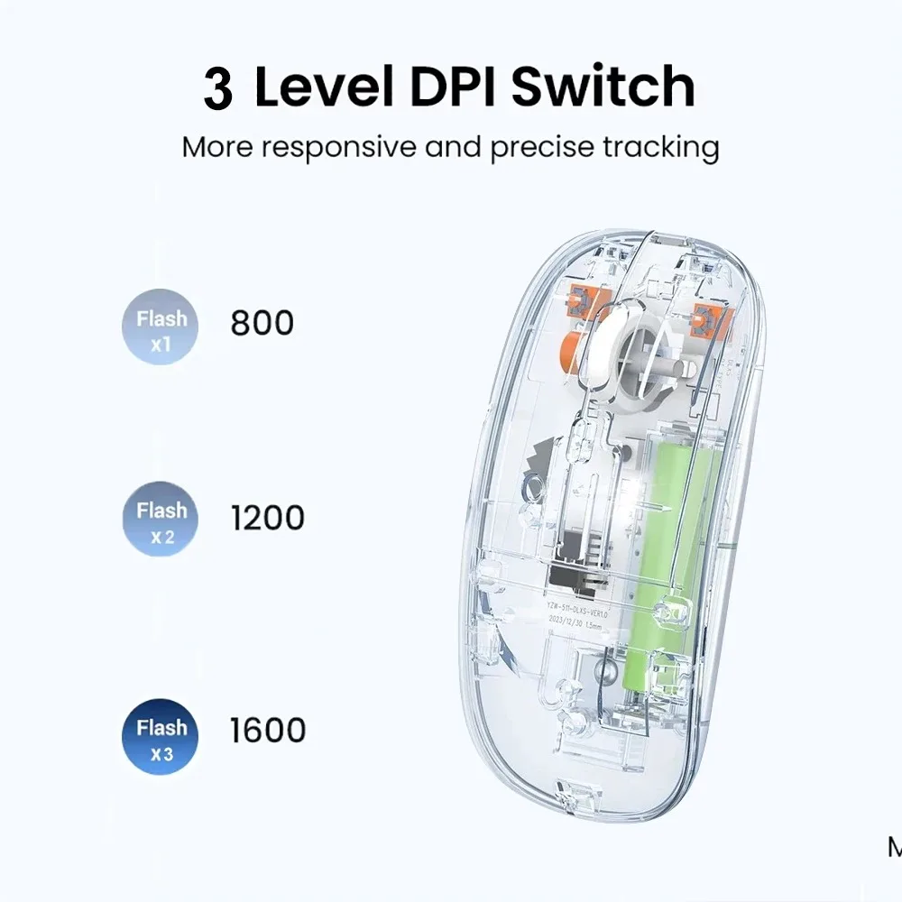 Wireless Mouse Bluetooth Mouse 2.4G Dual-Mode Transparent 1600 DPI Silent Rechargeable Mice for PC Laptop Macbook
