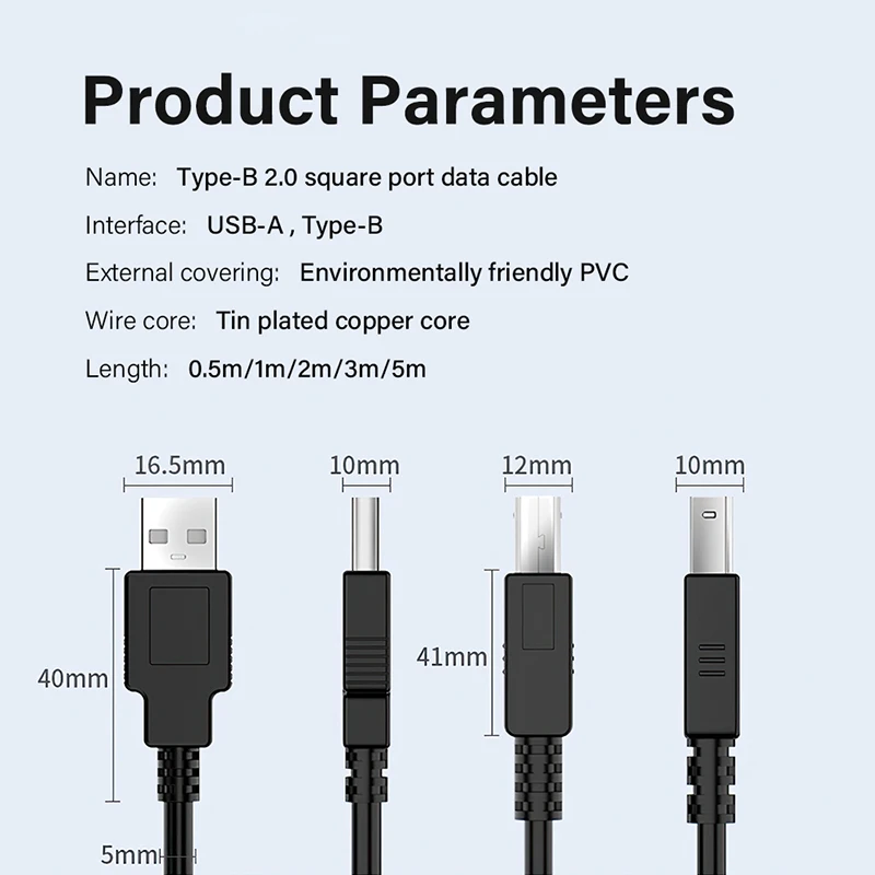 High Speed USB Type A to B 2.0 Long Cable For Canon Brother Hp Epson Printer Label Scanner Electronic Piano Organ Square Adapter