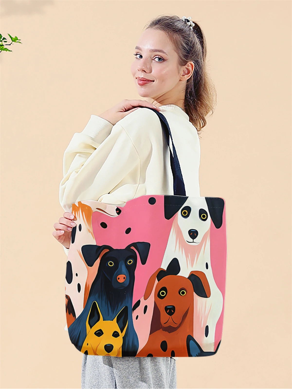 1pc,Spotted Dog handbag, reusable fashionable handbag, multifunctional handbag, printed canvas shopping bag