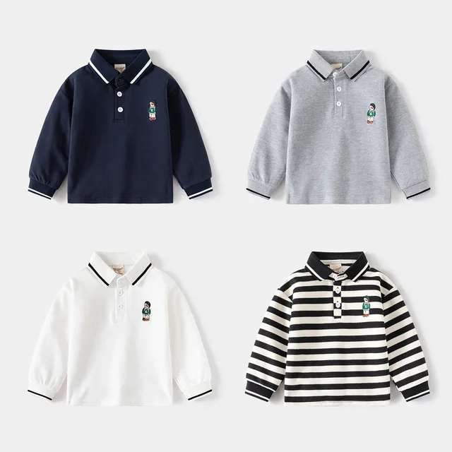 Polos à manches longues pour garçons, 100 coton, vêtements de printemps et d'automne pour enfants, Boutique d'ours mignon, Polo pour tout-petits de 1 à 2 3 4 5 6 ans 1