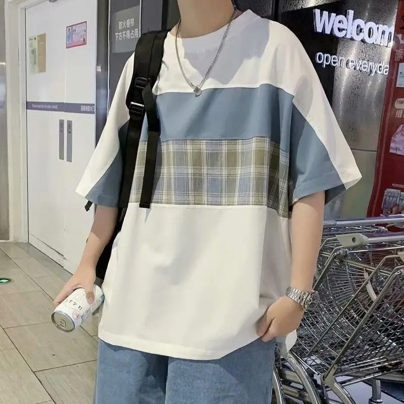

Fashion O-Neck Loose Spliced Plaid Casual T-Shirts Men Clothing 2024 Summer Oversized Korean Pullovers Tops Punk Tee Shirt