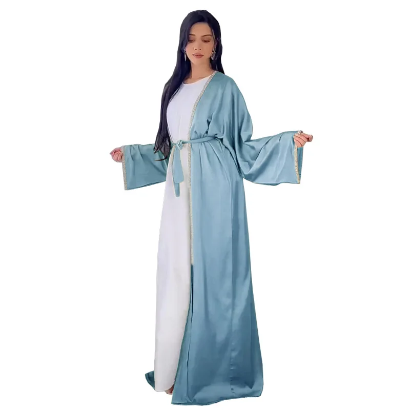Saudi Arabia Hot Diamond Islamic Long Dress Modern Fashion Satin Soft And Beautiful Waist Wrapped Robe White Laydown Abaya