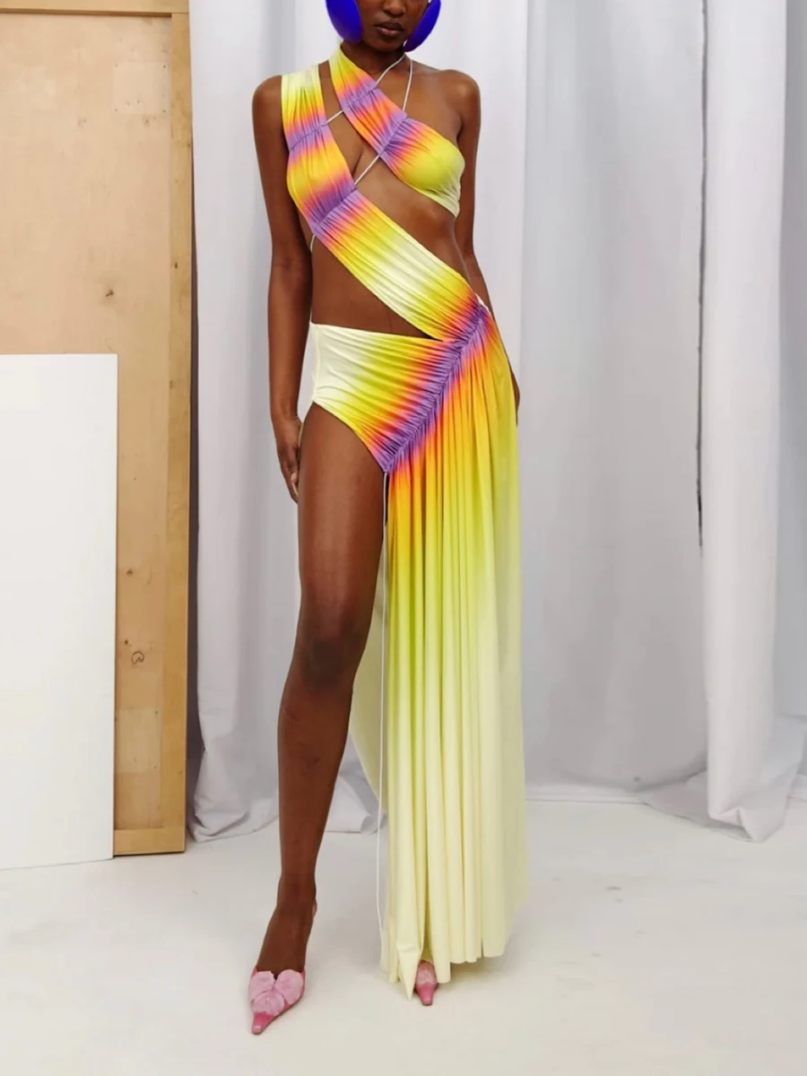 Multi Color Gradient Swimwear Fashion Beach Skirt With High Slit Beach Wear Design Backless Sexy Women'S  Swimming Costumes