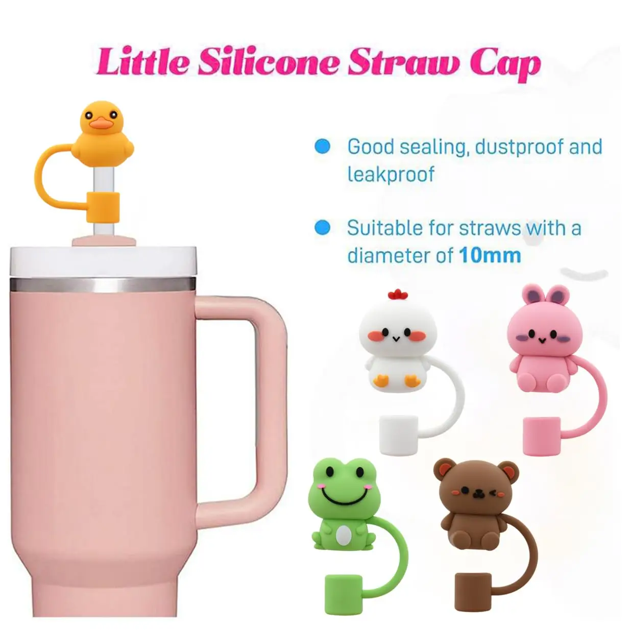 Adorable Silicone Straw Cap Set - Reusable Straw Toppers for Tumblers with Handles, Pack of 5