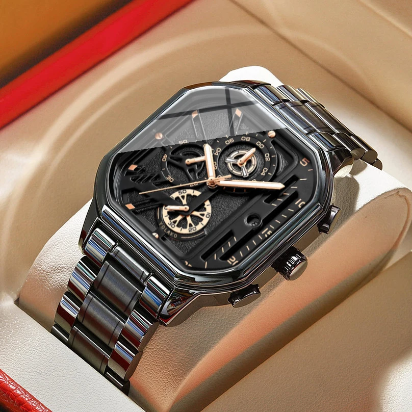 Fashion Casual Business Men Quartz Watch High-end Auto Date Big Square Dial Stainless Steel Band Watches For Man Gifts 3