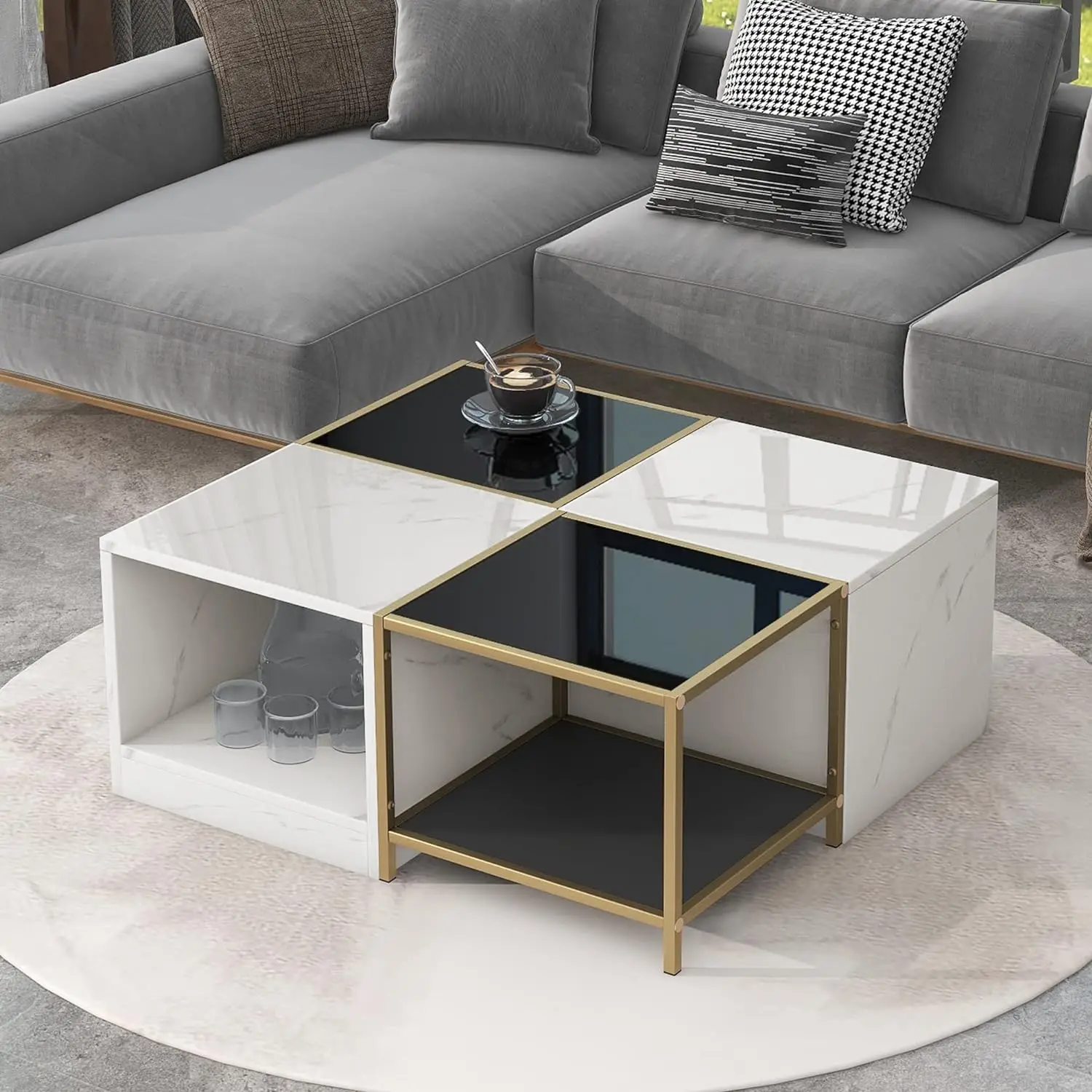 

Coffee Table with Metal Frame, 2-Layer Cocktail Table with High Gloss White Marble Finish, Simply Assemble Square Corner Tables