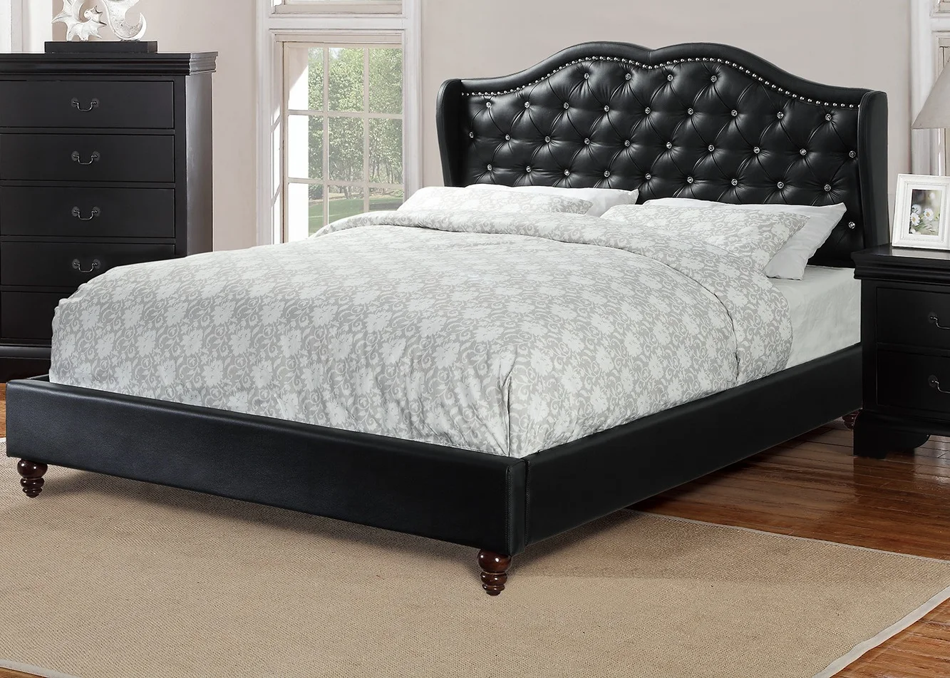 

Queen Size Bed 1pc Bed Set Black Faux Leather Upholstered Wingback Design Bed Frame Headboard Bedroom Furniture Tufted Upholster