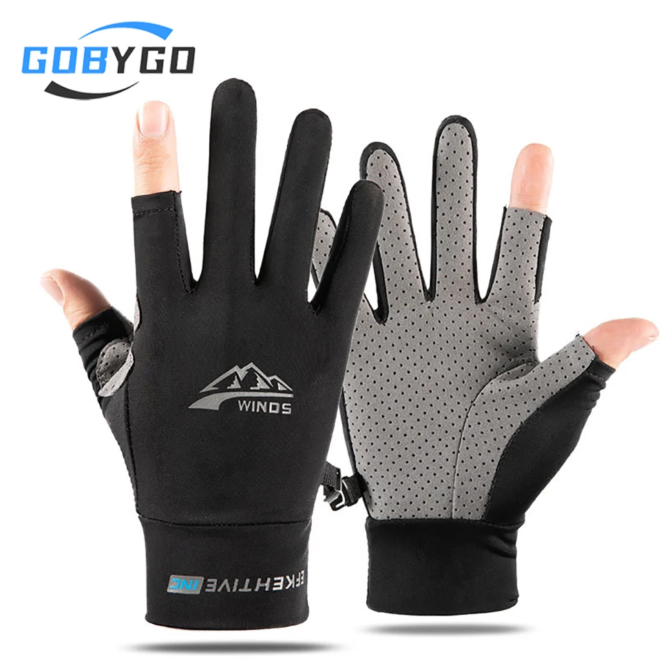 GOBYGO 1Pair Summer Ice silk Gloves Breathable Quick Drying Thin Two-finger Gloves Outdoor Cycling Driving Non-slip Sun Fishing