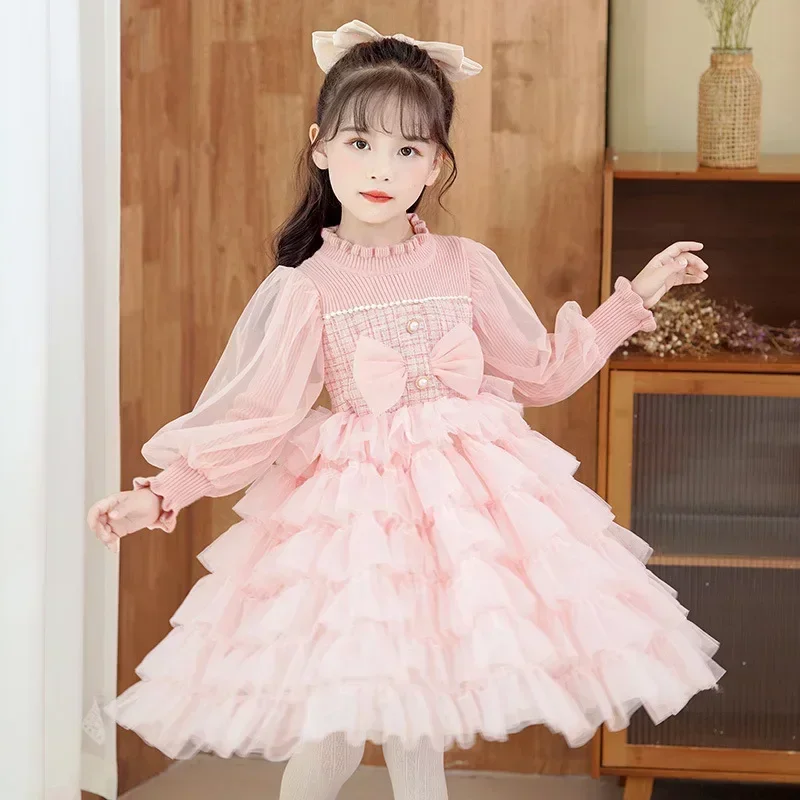 

Winter Cake Sweater Dress Girls Knitted Dress Autumn Clothes Lace Kids Dress for Girls Princess Costume Warm Christmas Dresses