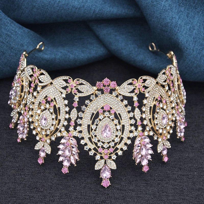 Pink Bridal Crown Vintage Baroque Rhinestone Tiaras Headdress Pageant Miss Party Wedding Crown Jewelry Hair Accessories