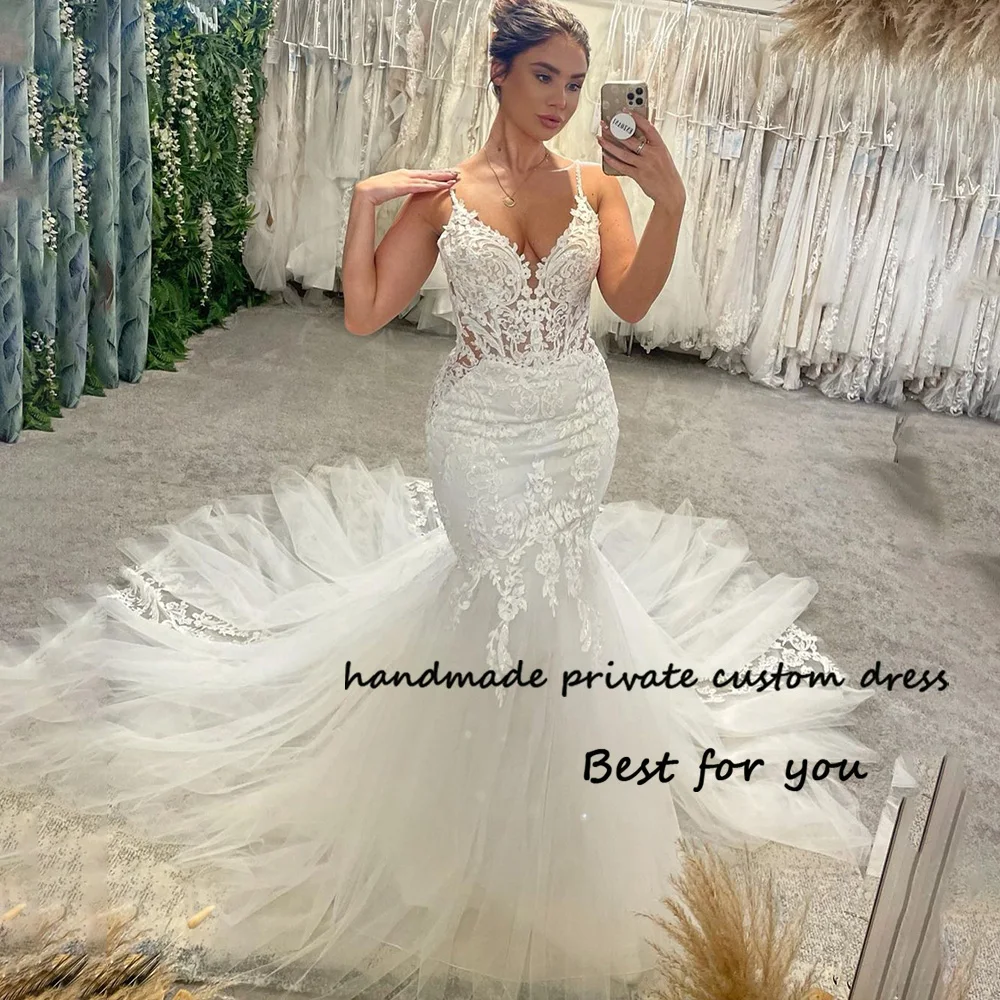 

Ivory Mermaid Wedding Dresses for Bride V Neck Spaghetti Straps Lace Appliques Tulle Beach Boho Bridal Gowns Backless