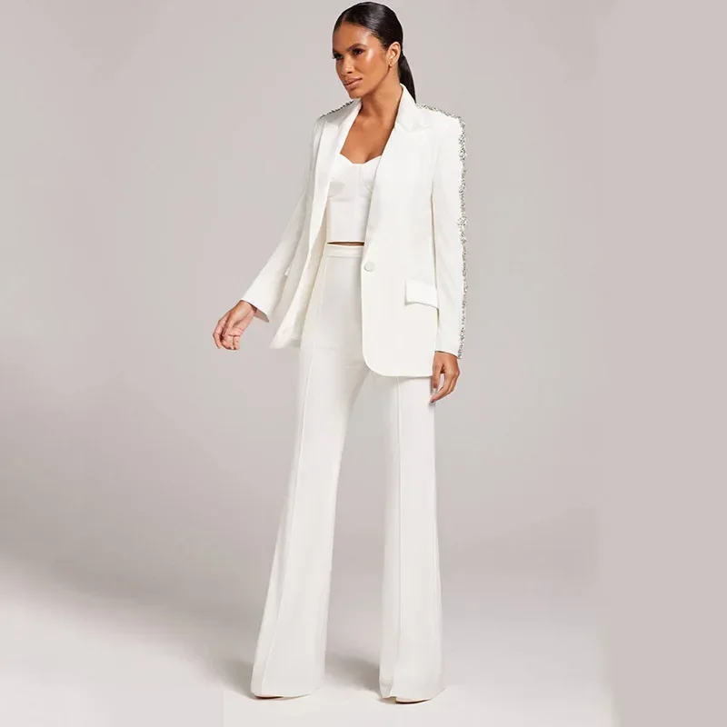 

Crystals Women Suits Pant Set 2 Pieces Blazer Cotton Spring Formal Office Lady Work Jacket Flare Trousers Wedding Prom Dress