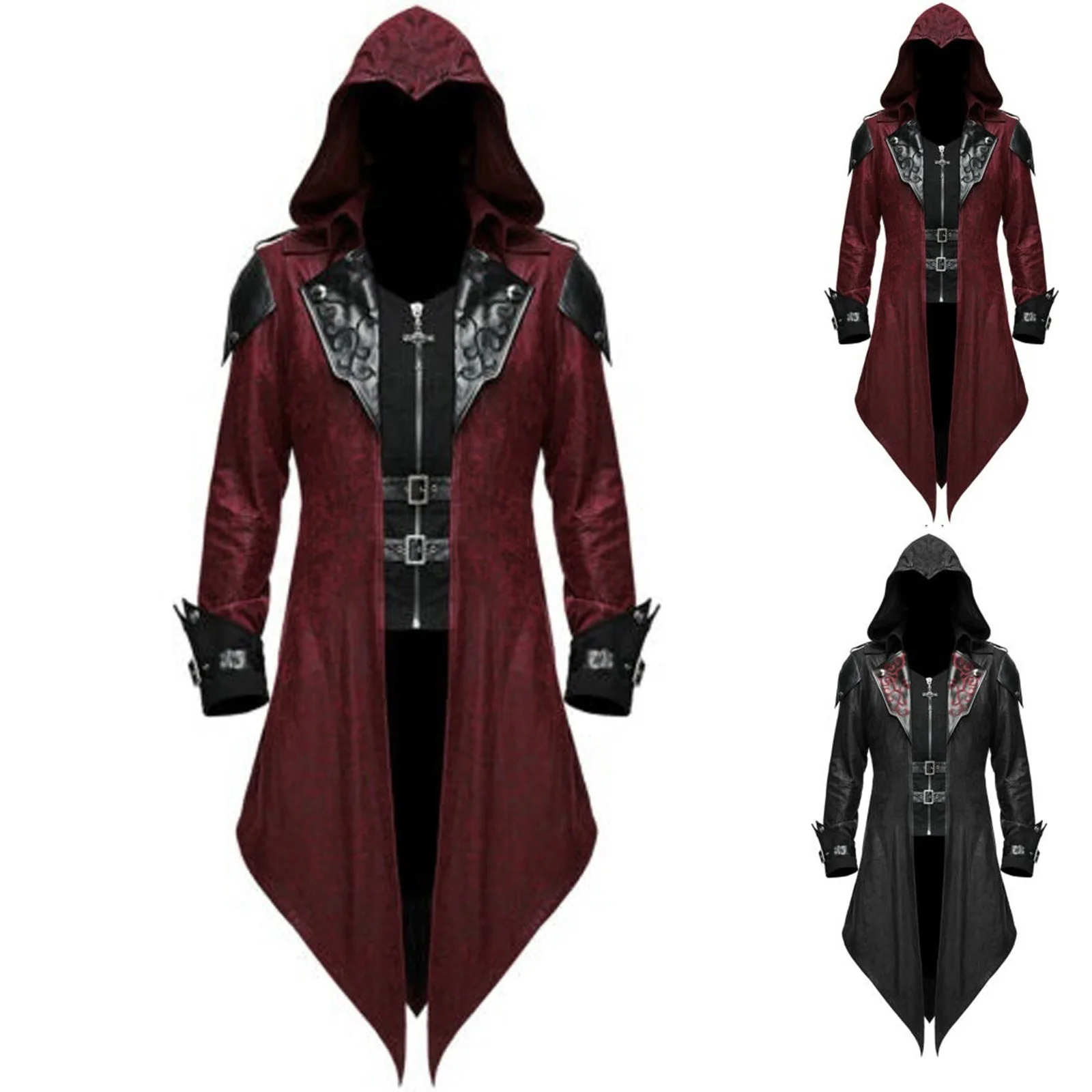 

Men's Medieval Tailcoat Steampunk Vintage Spliced Hooded Trench Zipper Coat Gothic Dark Halloween Costume