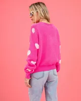 Women's Hot Pink Oversized Knit Sweater Heart Pattern Crew Neck Long Sleeve Casual Pullover Fuzzy Heart Pattern Sweater - Image 2