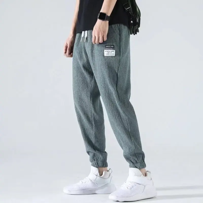 Ice Shreds Youth Men 2024 Summer New Solid Color Korean Thin Style Casual Loose Large Size Bound Feet Motion All-match Trousers