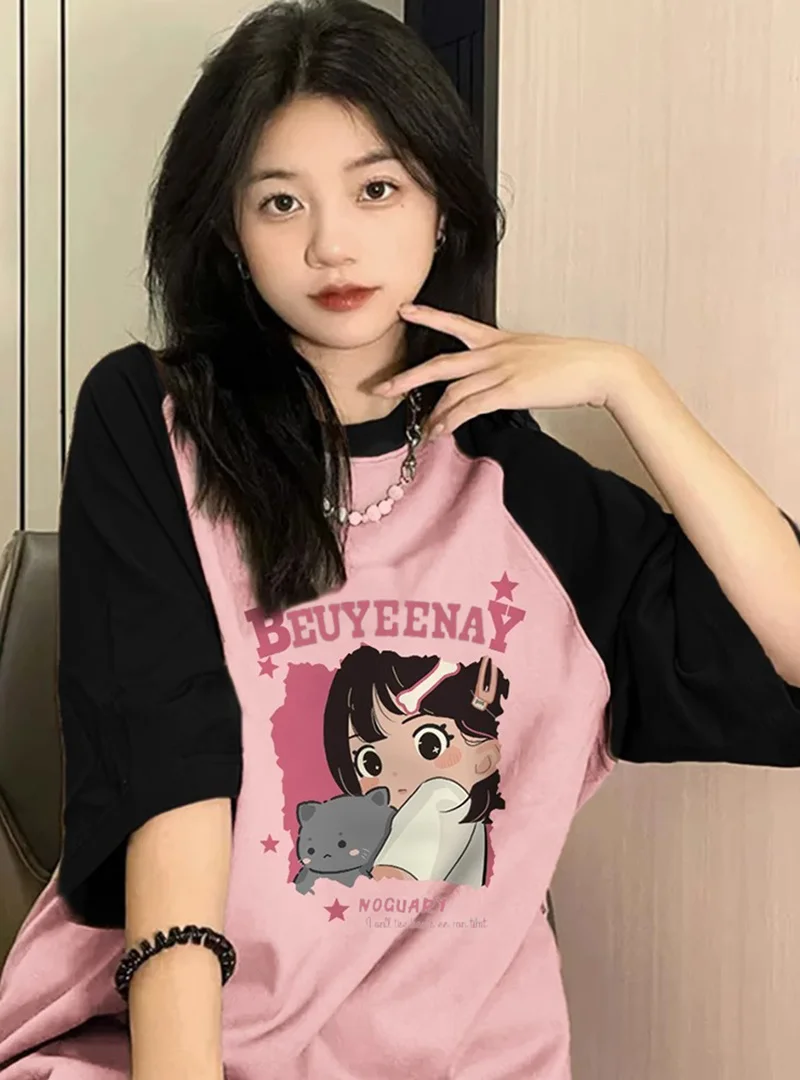 

Cotton Raglan Short Sleeve T-shirt Women's Summer Loose Oversize Ins Fashion Brand Cartoon Print Shoulder Contrast Tshirts Top
