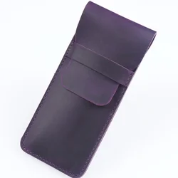 Vintage-Style Handmade Genuine Leather Pencil Bag - Cowhide Fountain Pen Case Holder (Light Purple-L)