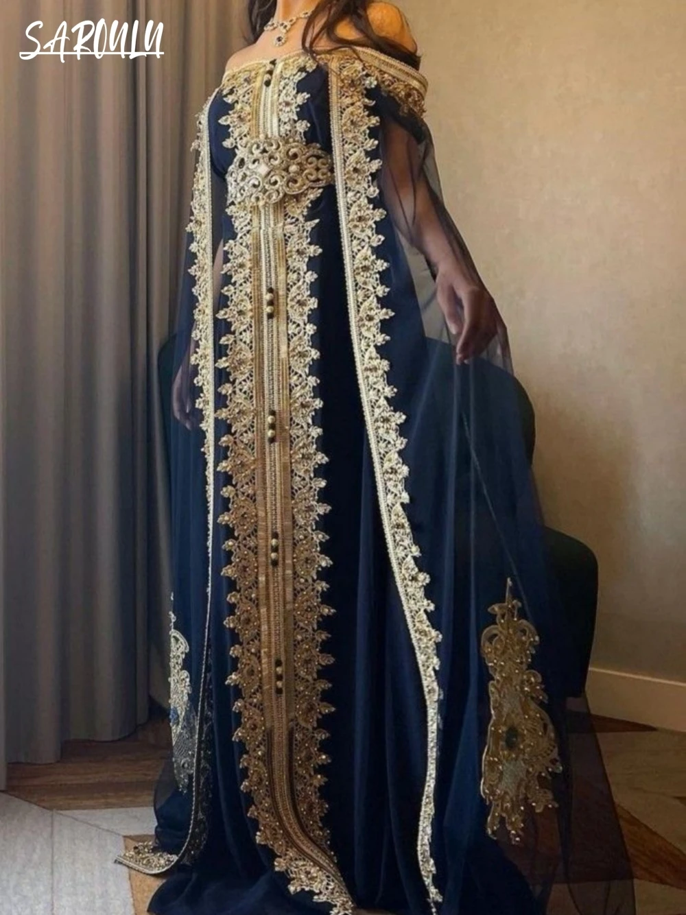 

Luxury Caftan A-line Evening Dresses Party Kaftan Appliques Beading Dress Off the Shoulder Long Sleeve Gown Vestidos De Gala