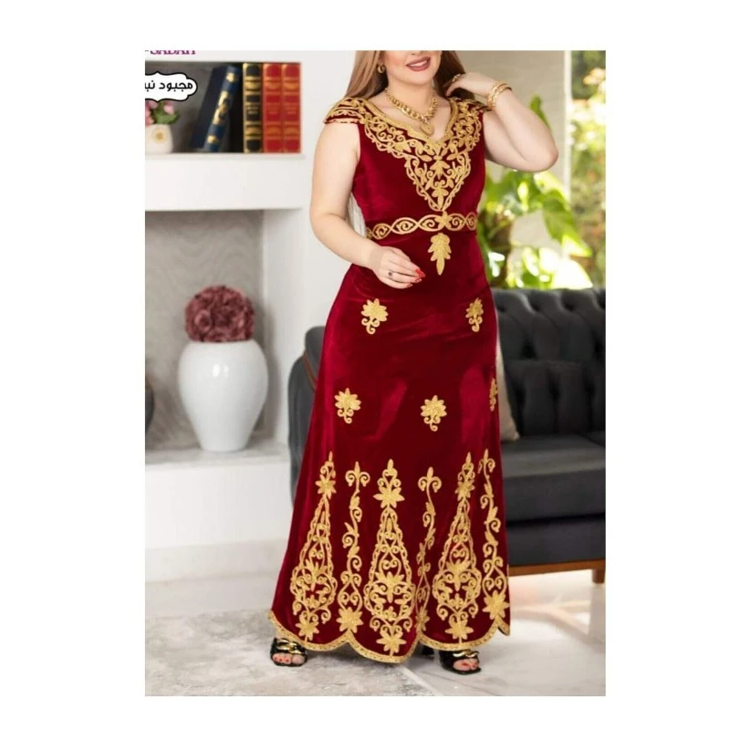 Maroon Royal Fashion Morocco Dubai Kaftan Abaya Wedding Floral Long Velvet Dress