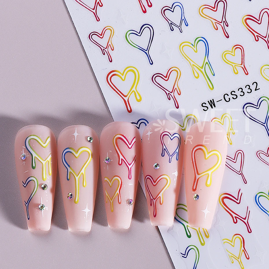 3pcs Cartoon Heart Nail Stickers Colorful Gradient Dripping Love Heartbeat Adhesive Nail Decals DIY Valentine's Manicure Decor