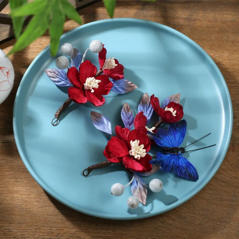 

New Red Flower Chinese Butterfly Bridal Hair Ornament Headwear Set Wedding Hair Comb